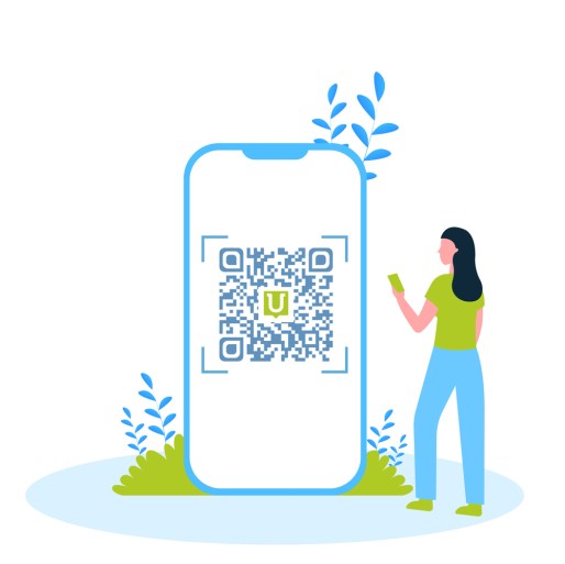 Woman holding a phone next to a giant smartphone displaying a Unitag QR code
