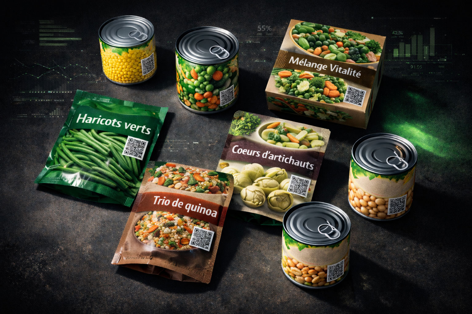 Gamme de légumes Bonduelle (sans marque visible) avec un QR Code augmenté GS1 par référence