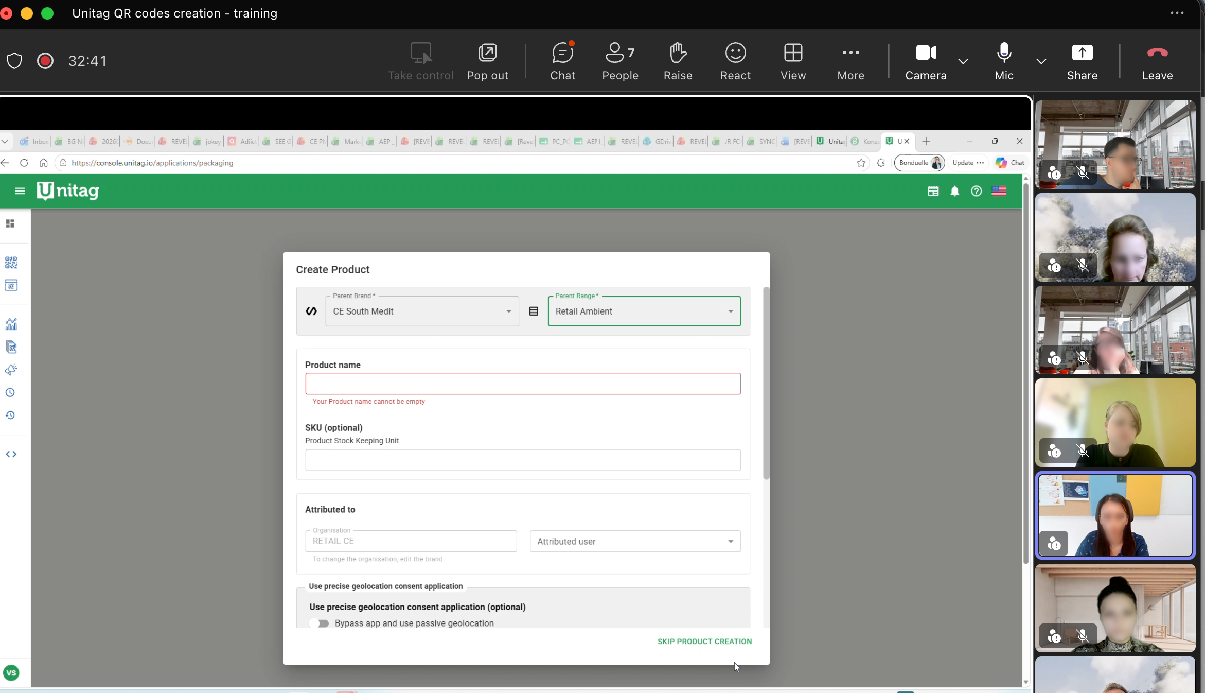Webinaire de prise en main Unitag avec les équipes Bonduelle : écran de création d’un produit dans l’application Packaging, participants en visioconférence, visages floutés